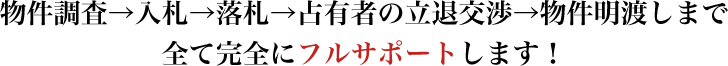 物件調査→入札→落札→占有者の立退交渉→物件明渡しまで全て完全にフルサポートします！
